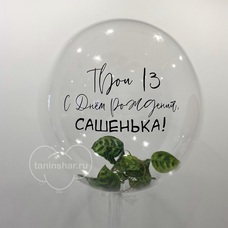 Бабл 60см прозрачный с искусственной зеленью и Вашей надписью с гелием и обработкой