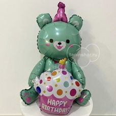 Мишка мятный с кексом Happy Birthday 3Д Шар с воздухом