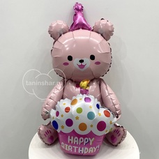 Мишка розовый с кексом Happy Birthday 3Д Шар с воздухом