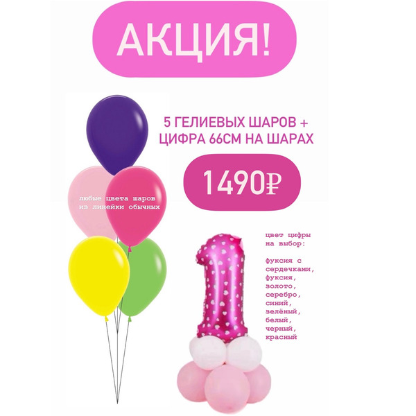 Акция! 5 шаров + цифра 66см на шарах