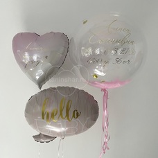 Сет шаров на выписку бабл с перьями и метрикой hello baby и сердце Сет шаров на выписку бабл с перьями и метрикой hello baby и сердце