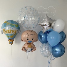 Сет белые голубые шары фонтан пупс воздушный шар Welcome Baby именной бабл с конфетти на выписку