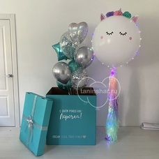 Сет шаров фонтан бирюзовые серебряные шары коробка-сюрприз и светящийся единорог гигант