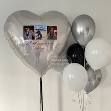 Сет шаров чёрные белые серебряные и большое сердце с Вашими 3 фото и надписью
