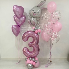 Сет розовые шары фонтан сердца зайка и цифра с короной Сет розовые шары фонтан сердца зайка и цифра с короной