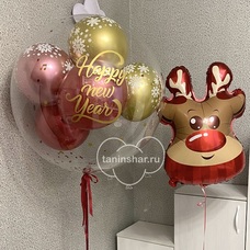 Новогодний шар бабл гигант с шарами внутри и оленем на Новый год