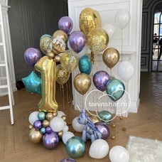 Фотозона из гелиевых шаров хром с цифрой, именным сердцем и единорогом