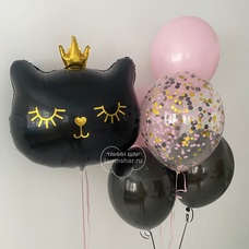 Сет шаров связка розово-чёрных шаров с кошкой в короне Сет шаров связка розово-чёрных шаров с кошкой в короне