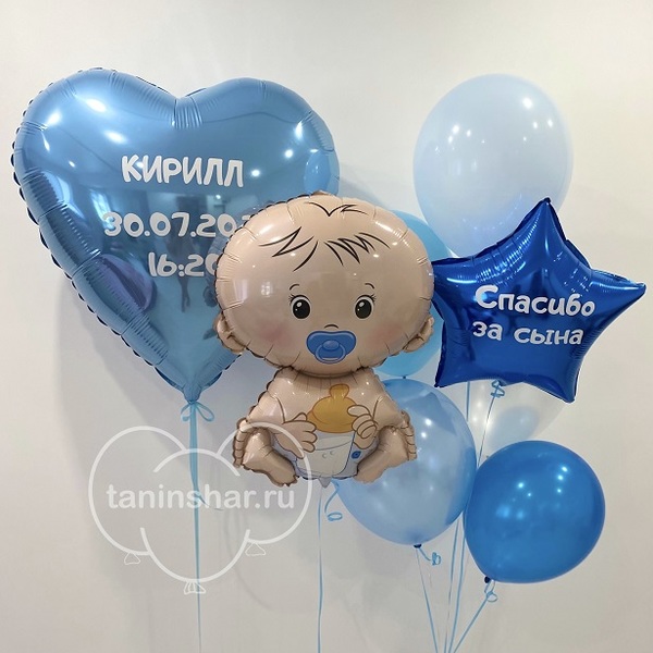 Сет голубые шары на выписку с большим сердцем и малышом
