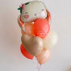 Связка фонтан бежевые шары сердце и зайка