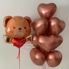 Сет мишка с сердцем и фонтан шары розовое золото сердца хром