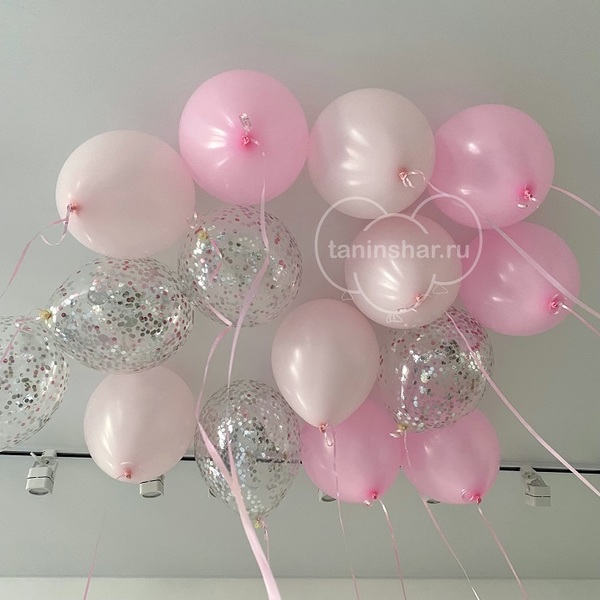 15 шаров розовые с конфетти к потолку