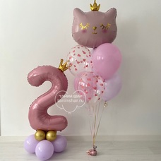 Сет розовые сиреневые шары кошка и цифра с короной на шарах Сет розовые сиреневые шары кошка и цифра с короной на шарах