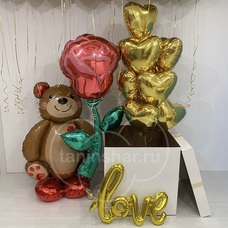 Сет золотые сердца мишка роза коробка-сюрприз love