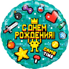 Круг 18' С Днём рождения Игра пиксели майнк бирюзовый Шар с гелием
