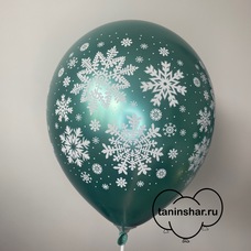 Шар латексный 12 дюймов (30 см) Бирюзовый хром Снежинки новогодние с гелием и обработкой