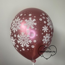 Шар латексный 12 дюймов (30 см) Розовый хром Снежинки новогодние с гелием и обработкой