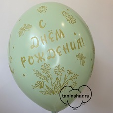 Шар латексный 12 дюймов (30 см) Нежно-зеленый пастель С Днём Рождения (цветы, феи, единороги) с гелием и обработкой
