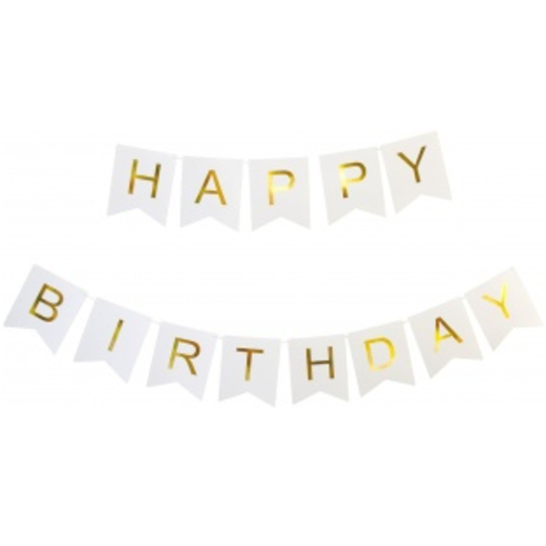 Растяжка-флажки белая на ленте Happy Birthday